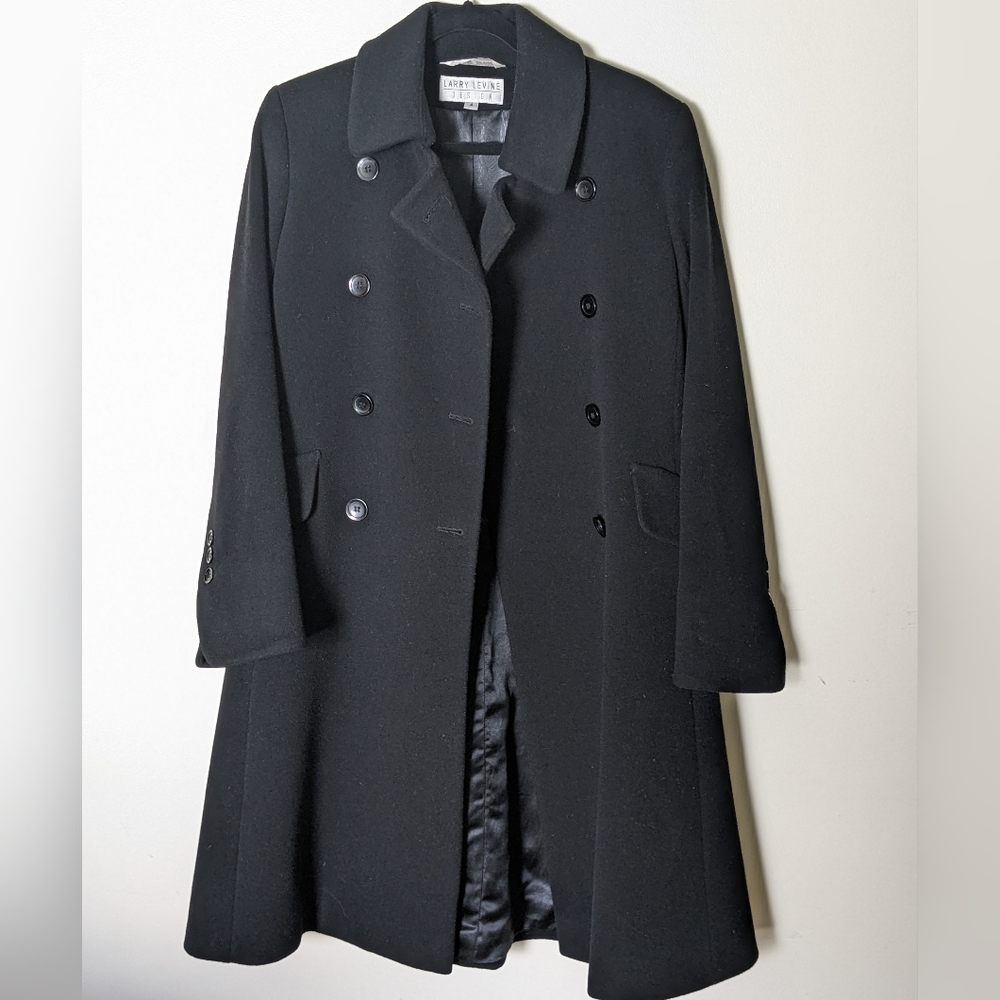 Larry Levine Double-Breasted Lambswool/Cashmere Pea Coat in Black, Women's Sz 4